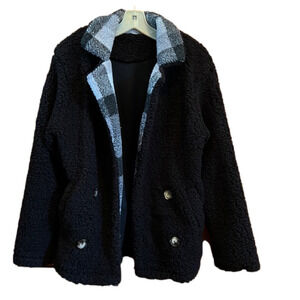 Sherpa Fleece Jacket Black Open Front Small Coat